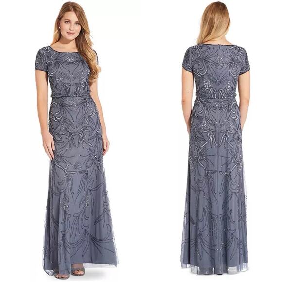 NEW Adrianna Papell Beaded Gown Dusty Blue Womens Size 4 Sequin Formal Wedding - Picture 1 of 13